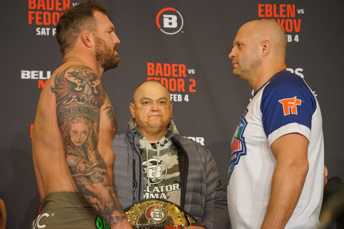 Champion Ryan Bader (L) and Fedor Emelianenko (R) face off during the Bellator 290 ceremonial weigh-ins ahead of their fight on February 3, 2023, at The Westin in Los Angeles, CA.