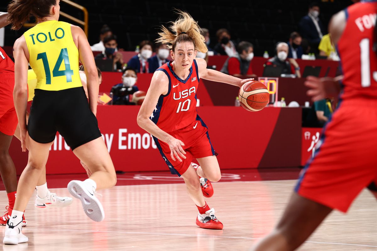 Breanna Stewart #10 of the USA Women’s National Team dribbles the ball during the game against the Australia Women’s National Team during the 2020 Tokyo Olympics on August 4, 2021 at the Super Saitama Arena in Tokyo, Japan.