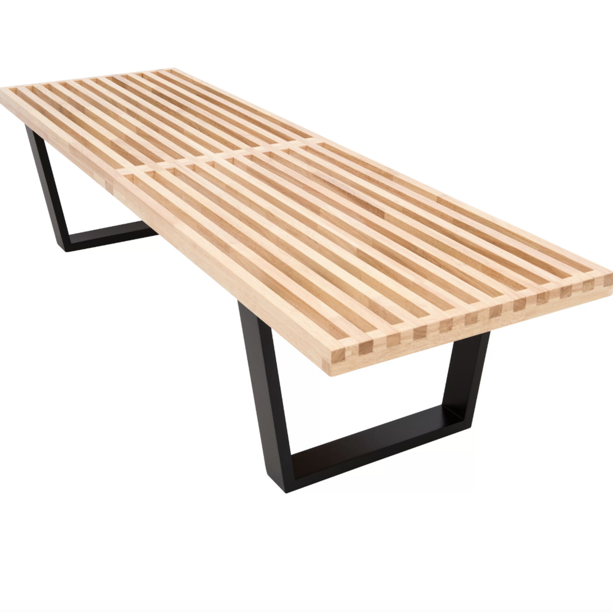A wooden bench with a black base.