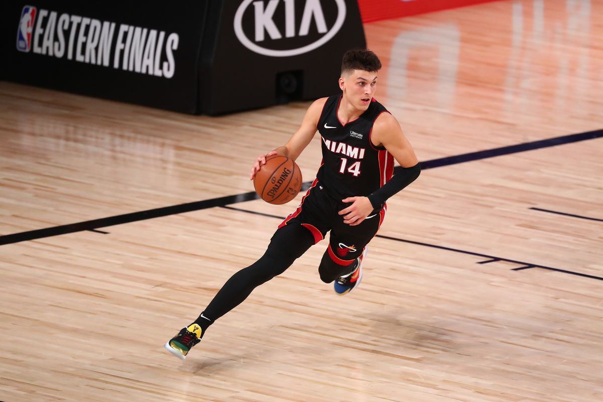 Miami Heat guard Tyler Herro brings the ball up court against the Boston Celtics during the first half of game three of the Eastern Conference Finals of the 2020 NBA Playoffs at ESPN Wide World of Sports Complex.&nbsp;