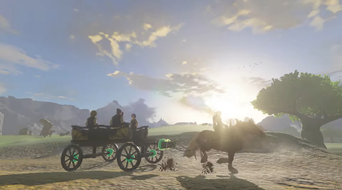 Link and his horse pulling a cart full of people in Legend of Zelda: Tears of the Kingdom