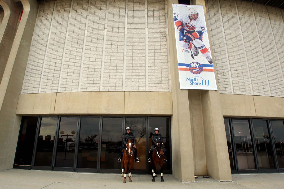 I don't know why there are officers on a horse outside of Nassau Coliseum either. Just go with it.