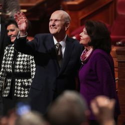 President Russell M. Nelson of The Church of Jesus Christ of Latter-day Saints and his wife Sister Wendy Nelson wave to attendees at the close of the 189th Annual General Conference of The Church of Jesus Christ of Latter-day Saints in Salt Lake City on Sunday, April 7, 2019.