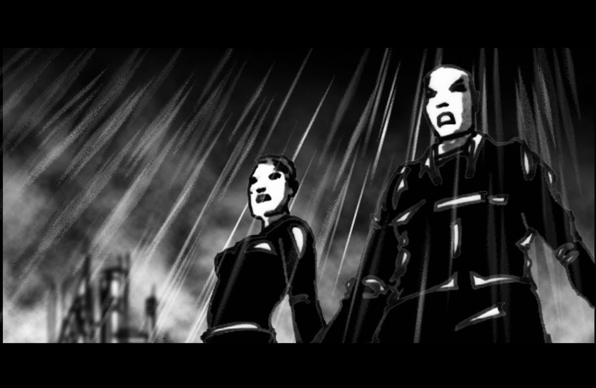 A storyboard drawing for Enter the Matrix depicting Niobe and Ghost standing outside on a rainy night