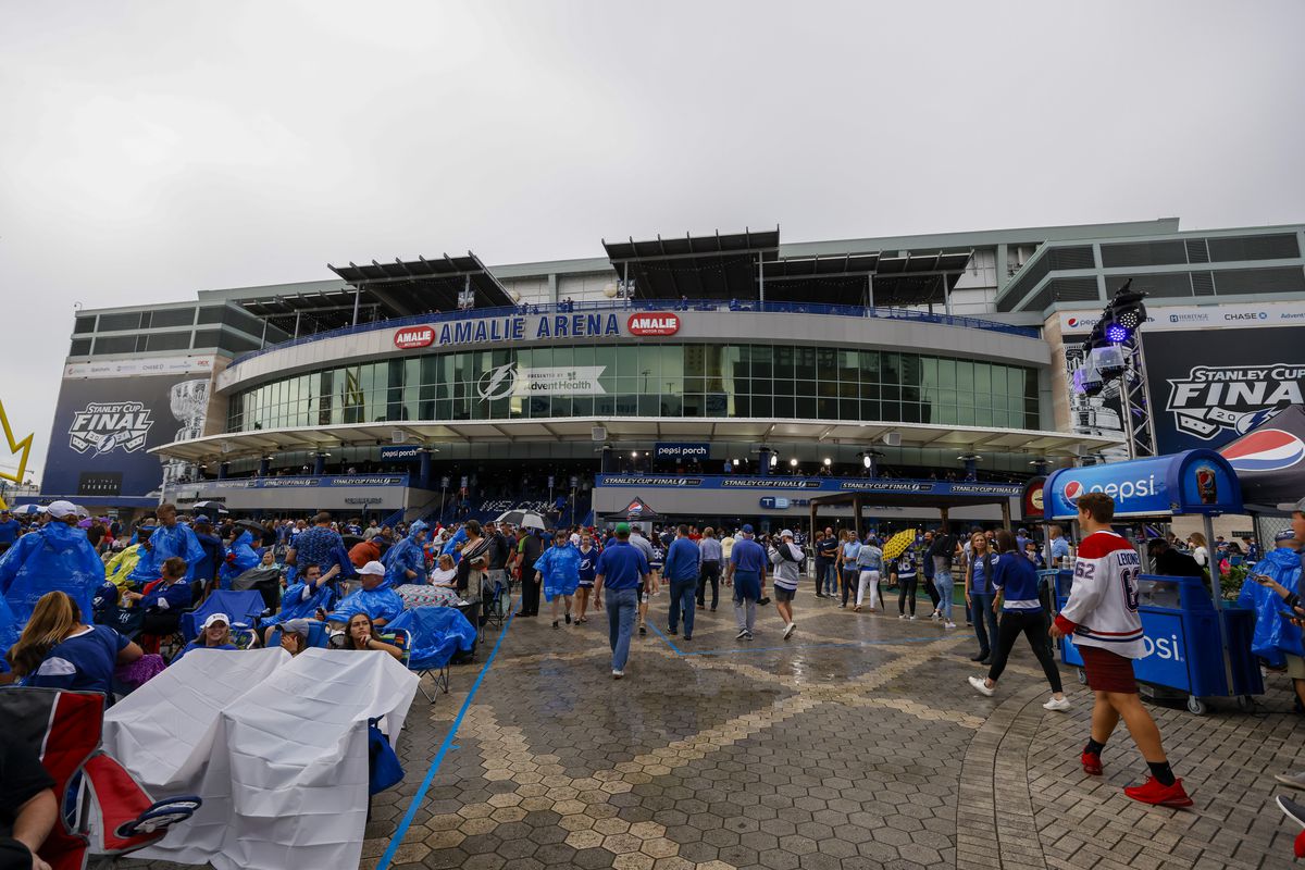 A general view outside Amalie Arena before Game Two of the Stanley Cup Final between the Montreal Canadians and the Tampa Bay Lightning on June 30, 2021 at AMALIE Arena in Tampa, Fl.
