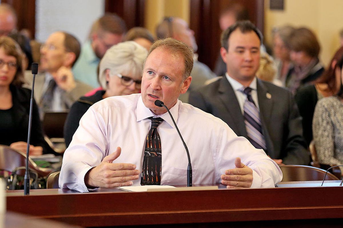 FILE — Senator Mark Madsen testifies before the committee to consider proposals that would amend Utah law to permit the use of marijuana or marijuana products for medical purposes, Wednesday, Oct. 21, 2015, in Salt Lake City.