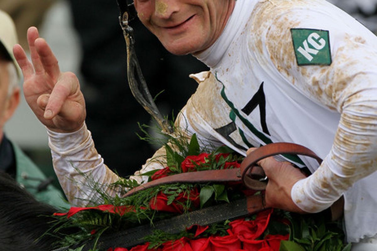 LOUISVILLE, KY - MAY 01:  Calvin Borel celebrates atop Super Saver after winning the 136th running of the Kentucky Derby on May 1, 2010 in Louisville, Kentucky.  (Photo by Andy Lyons/Getty Images)