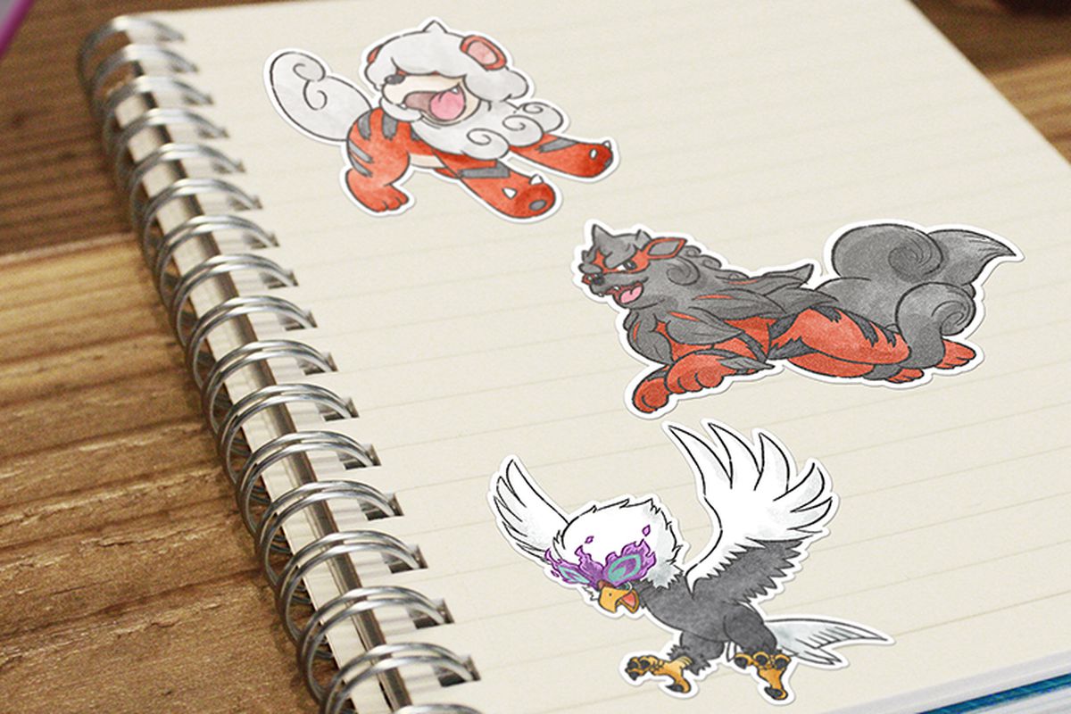 Hisuian Growlithe, Arcanine, and Braviary stickers on a notebook
