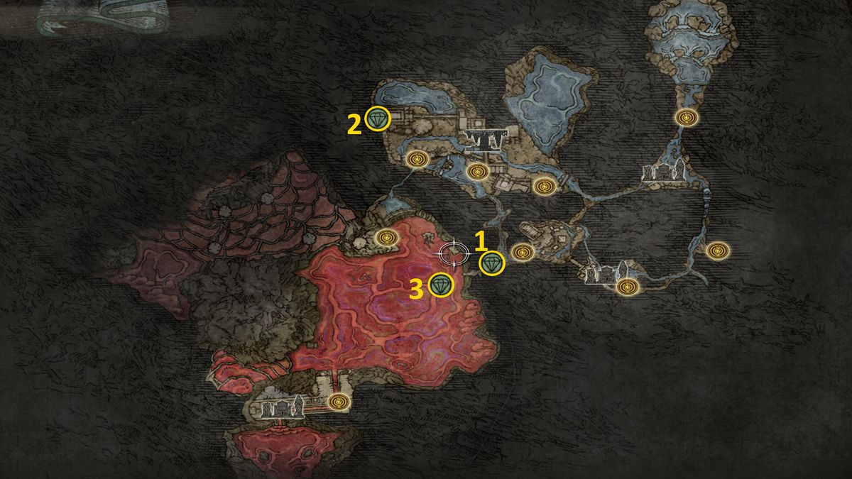 Elden Ring map showing Talisman locations in Ainsel River, Lake of Rot, and Nokstella, Eternal City.