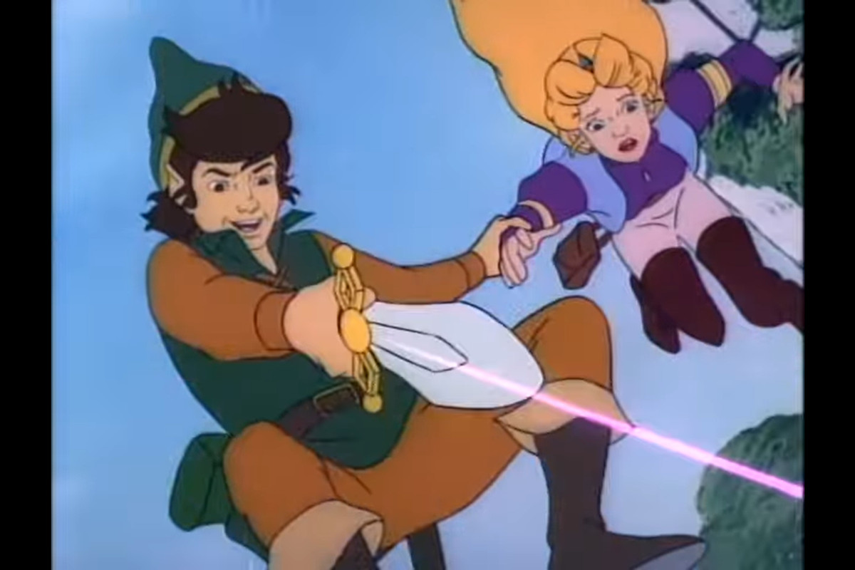 Link and Zelda falling from a height, Link pointing a magic sword