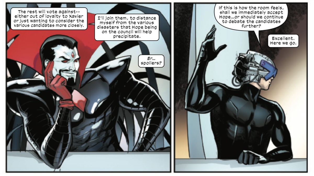 Mister Sinister sits smugly at the Quiet Council table thinking smugly about how he knows more than everyone else there as Professor Xavier calls for a formal vote in Immortal X-Men #1 (2022). 