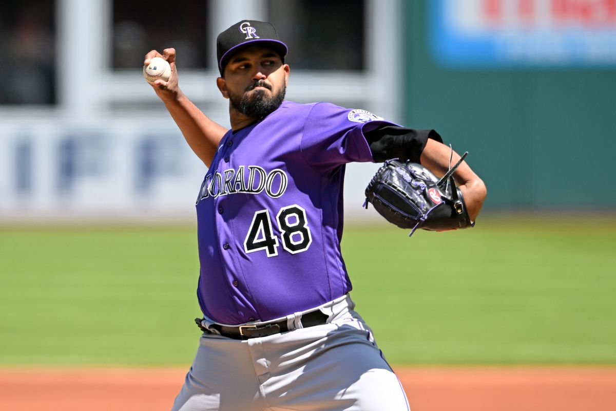 Starting pitcher German Marquez of the Colorado Rockies pitches during the first inning against the Cleveland Guardians at Progressive Field on April 26, 2023 in Cleveland, Ohio.