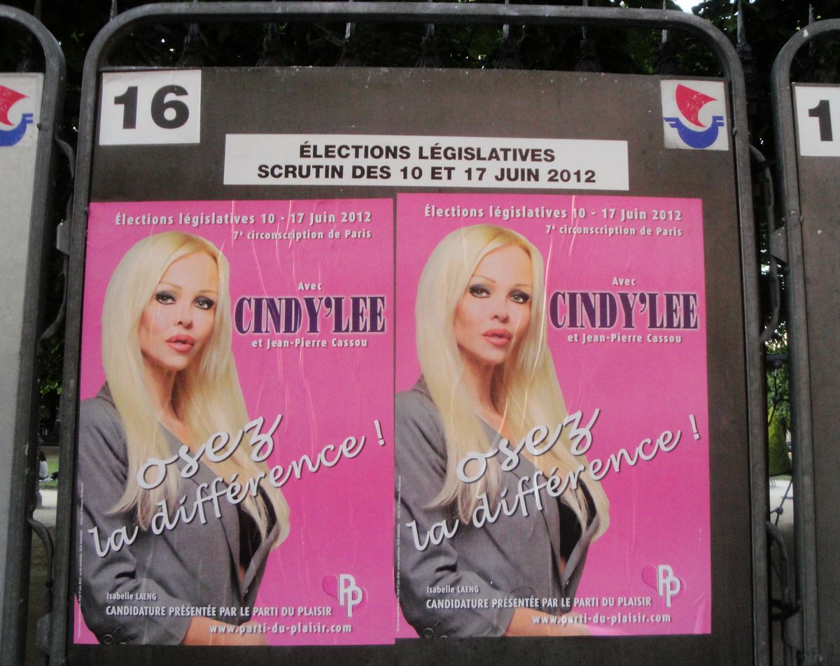 A campaign poster for Cindy Lee, leader of the Pleasure Party in France