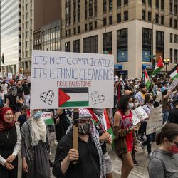 Around a thousand people march on Michigan Ave. in the Loop, during a pro-Palestinian protest, Friday, May 21, 2021.