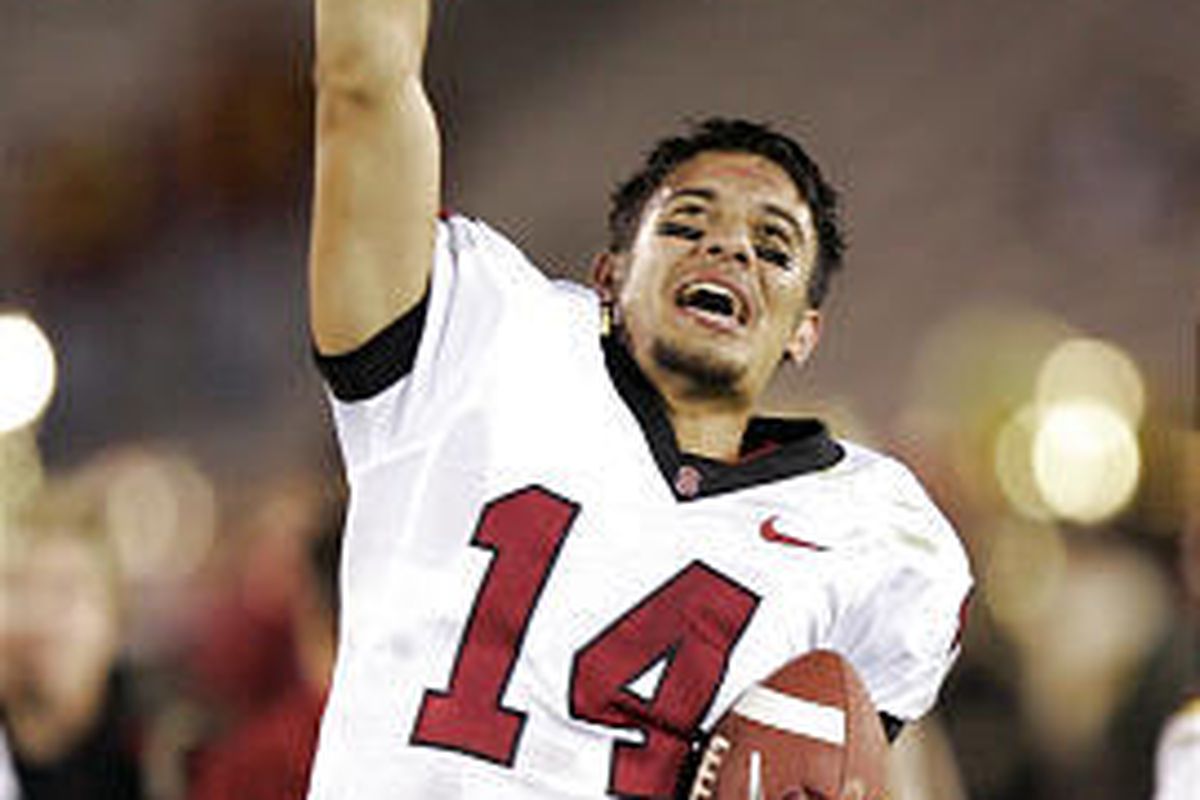 Stanford quarterback Tavita Pritchard celebrates after Stanford defeated USC 24-23 Saturday at the Los Angeles Coliseum.