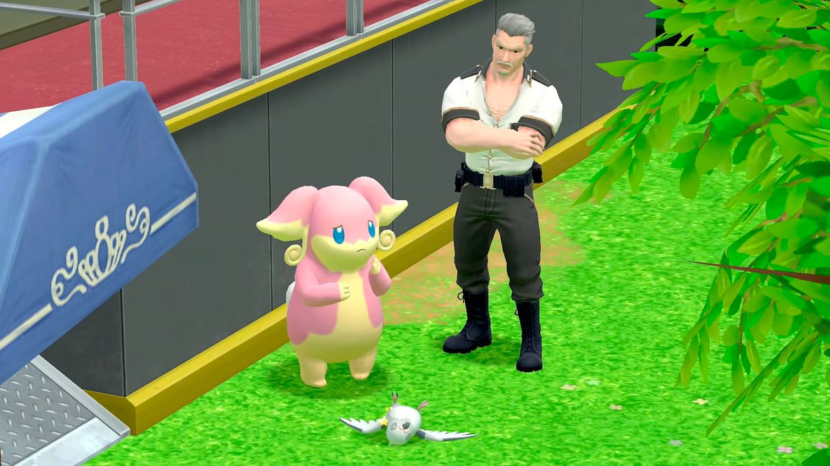 Audino looks down at a Pidove that has fainted while Will Butler of the Pokémon Protection Bureau looks on in a screenshot from Detective Pikachu Returns