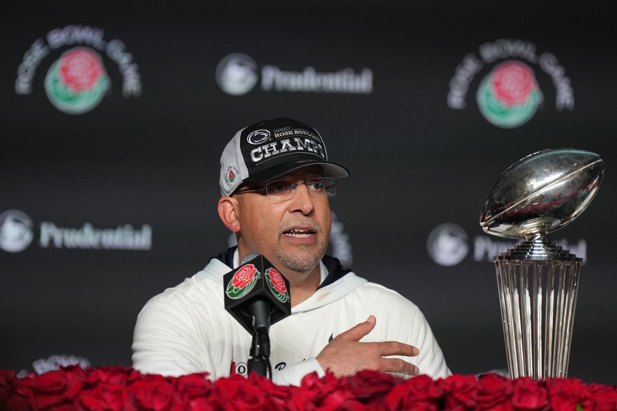 Penn State Nittany Lions head coach James Franklin speaks in a press conference after defeating the Utah Utes in the 109th Rose Bowl game at the Rose Bowl.