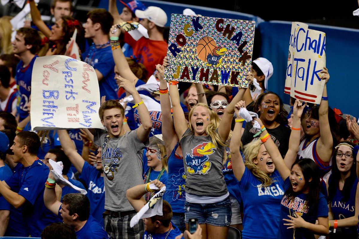 Apr 2, 2012; New Orleans, LA, USA; Kansas Jayhawks fans in the stands during the finals of the 2012 NCAA men's basketball Final Four against the Kentucky Wildcats at the Mercedes-Benz Superdome. Mandatory Credit: Derick E. Hingle-US PRESSWIRE