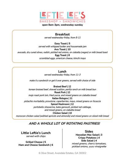 Breakfast and lunch sandwich menu for Leftie Lee’s in Atlanta