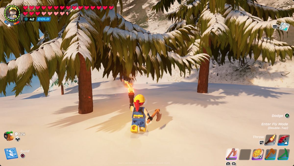Lego Fortnite player approaching frostpine in the Frostlands biome