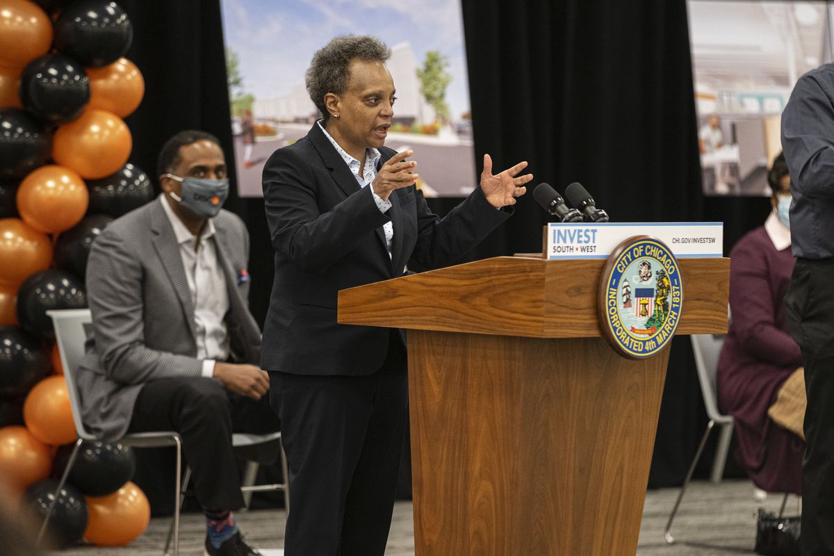 Mayor Lori Lightfoot speaks at an event in the Chatham neighborhood on the South Side earlier this month. 
