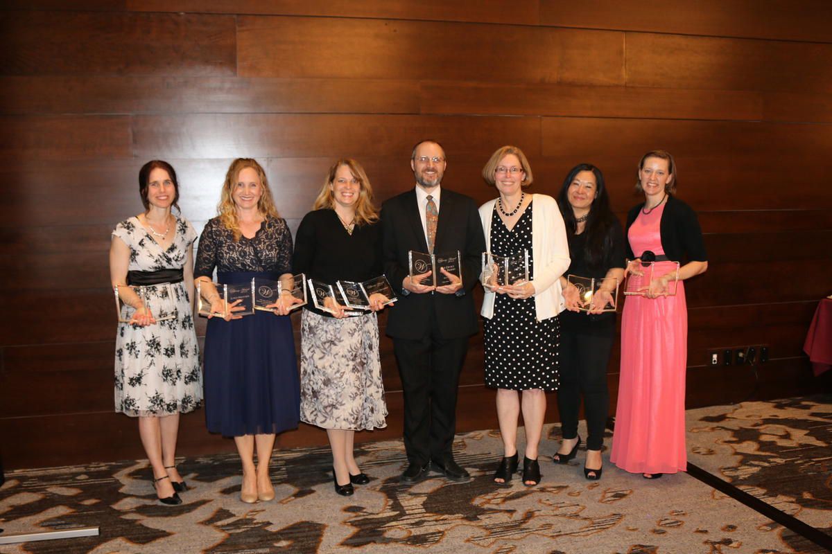 Tara C. Allred, left, Josi S. Kilpack, Jennifer A. Nielsen, Dan Wells, Traci Hunter Abramson, Valynne E. Maetani and A.L. Sowards were recognized for their novels on May 7, 2016, at the Whitney Awards gala at the Marriott Hotel in Provo, Utah.