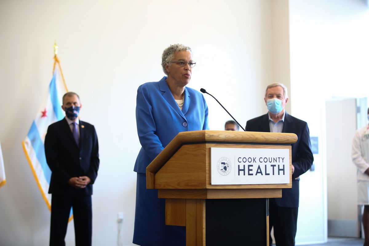 Cook County Board President Toni Preckwinkle speaks during a news conference in the Illinois Medical District last August. 