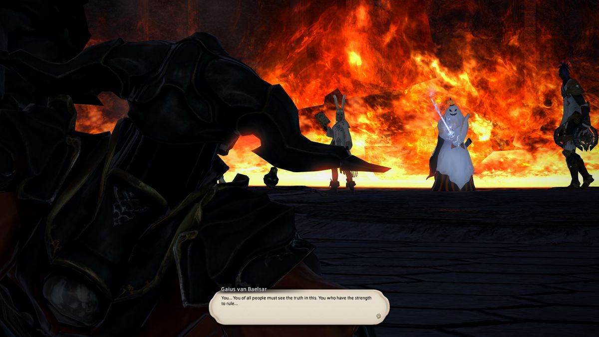 A Final Fantasy 14 villain monologues to a character in a ghost bedsheet, holding a katana.