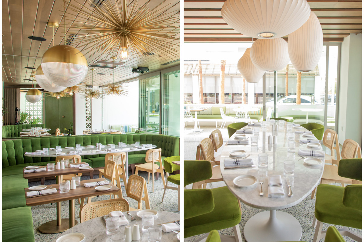 Two side by side images of a bright green booth setup and wooden tables at a new restaurant.