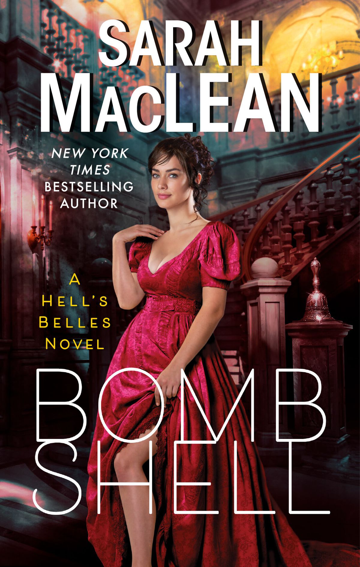 Cover art of Bombshell, with a woman in a red dress standing at the base of a staircase
