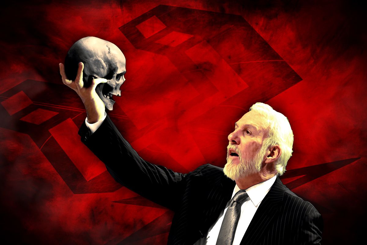 Gregg Popovich holding a skull, in reference to Hamlet holding Yorick’s skull