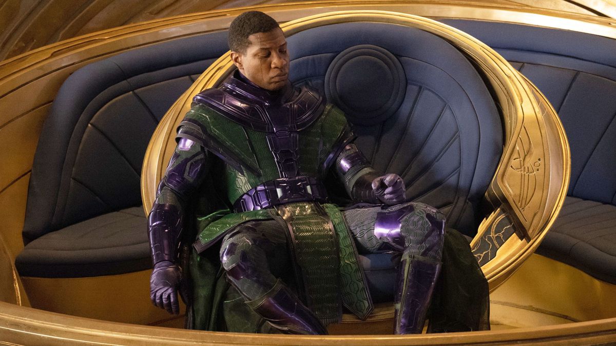Kang sits in his multiversal space ship throne in Ant-Man and the Wasp: Quantumania