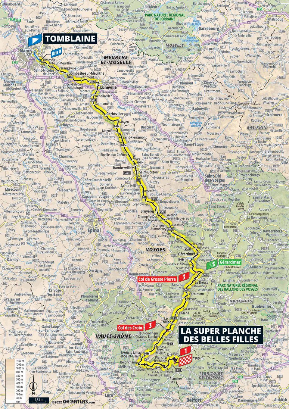 Image of map of Stage 7 of the 2022 Tour de France from Tomblaine to La Super Plache Des Belles Filles.