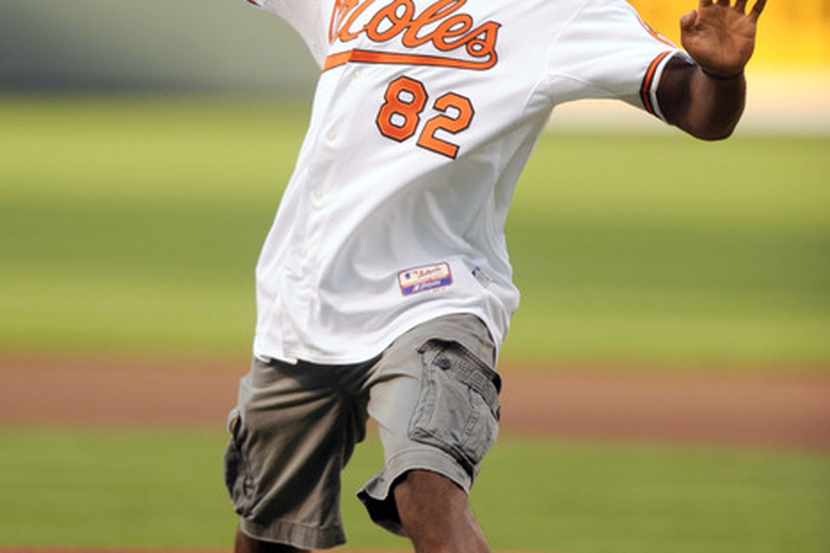I couldn't find a Maryland baseball photo, so I went with the next closest thing - Torrey Smith throwing out the first pitch at an O's game.  (Photo by Mitchell Layton/Getty Images)