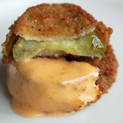 Fried pickles with harissa aioli by <a href="http://www.flickr.com/photos/bradleyhawks/7354809930/in/pool-29939462@N00/">Amouse * Bouche</a>