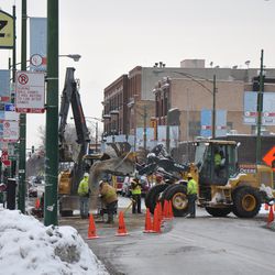 View looking north on Clark Streeet of the storm drain work taking place at Clark and Waveland