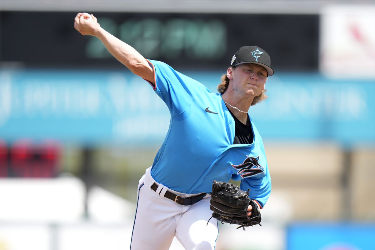 Max Meyer #63 of the Miami Marlins delivers a pitch in the fourth inning against the New York Mets in the Spring Training game at Roger Dean Stadium on March 21, 2022 in Jupiter, Florida.