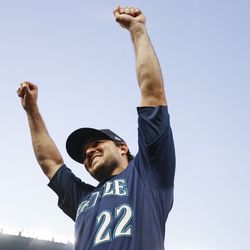 OCTOBER 04: Luis Torrens #22 of the Seattle Mariners celebrates a 7-6 win over the Detroit Tigers in 10 innings at T-Mobile Park on October 04, 2022 in Seattle, Washington.