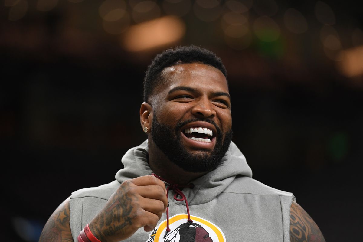 Washington offensive tackle Trent Williams smiles before the game between Washington and the New Orleans Saints at the Mercedes-Benz Superdome on October 8, 2018.