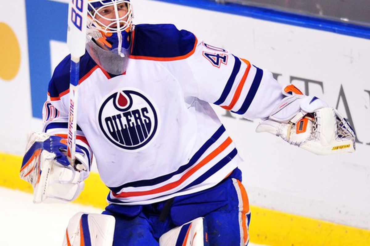 March 23 2012: Sunrise, FL, USA; Edmonton Oilers goalie Devan Dubnyk (40) skates behind the net during the second period against the Florida Panthers at the BankAtlantic Center. Mandatory Credit: Steve Mitchell-US PRESSWIRE