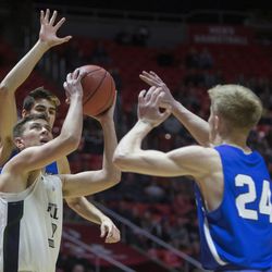 The Pleasant Grove Vikings defeated the Copper Hills Grizzlies 57-42 in the Class 6A state semifinals at the Jon M. Huntsman Center in Salt Lake City on Friday, March 2, 2018.