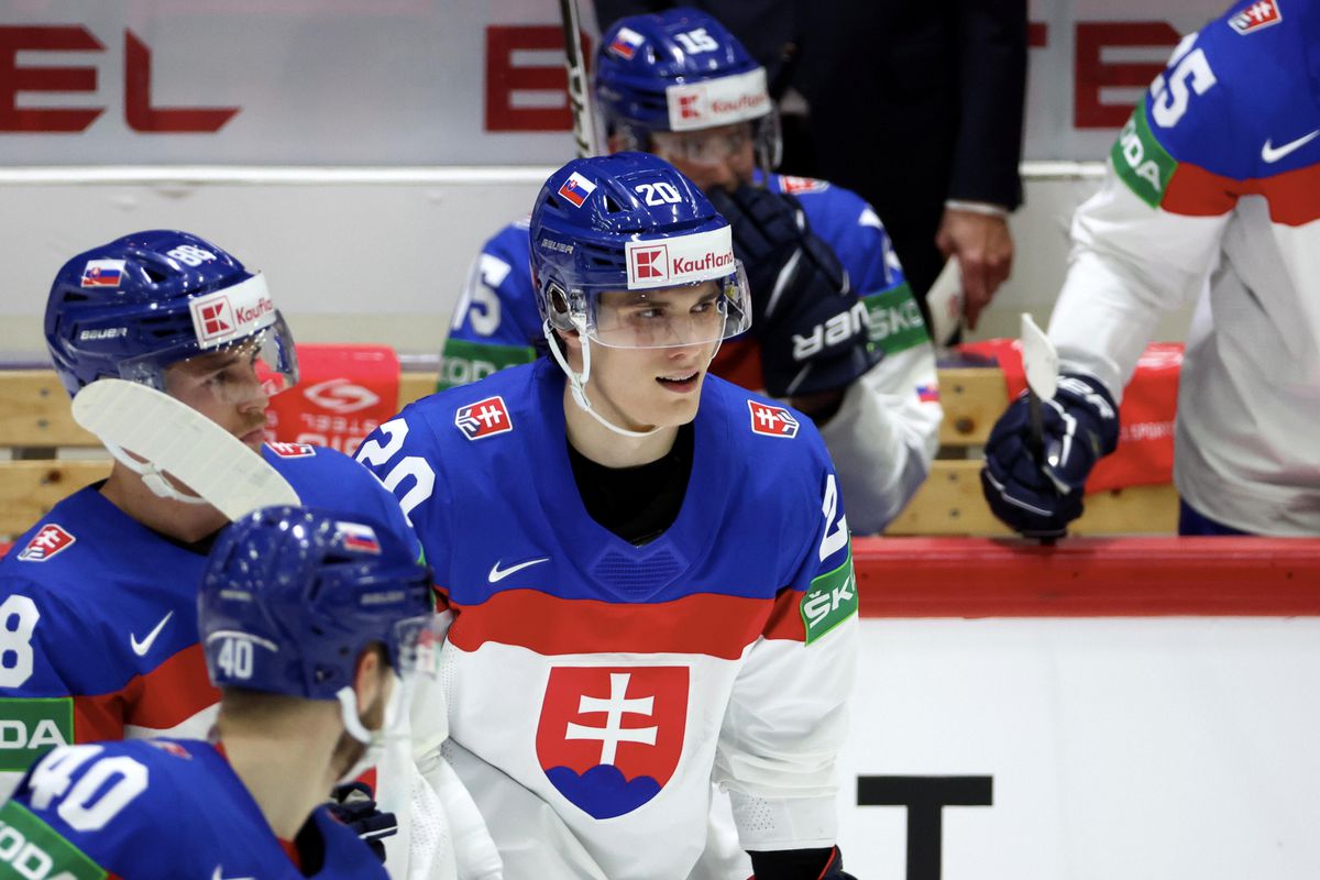 Juraj Slafkovsky #20 of Slovakia reacts during the 2022 IIHF Ice Hockey World Championship Group A match between France and Slovakia at the Helsinki Ice Hall on May 13, 2022 in Helsinki, Finland.