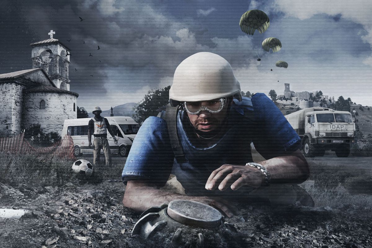 An IDAP aid worker crawls toward a mine attempting to deactivate it in key art for Laws of War.