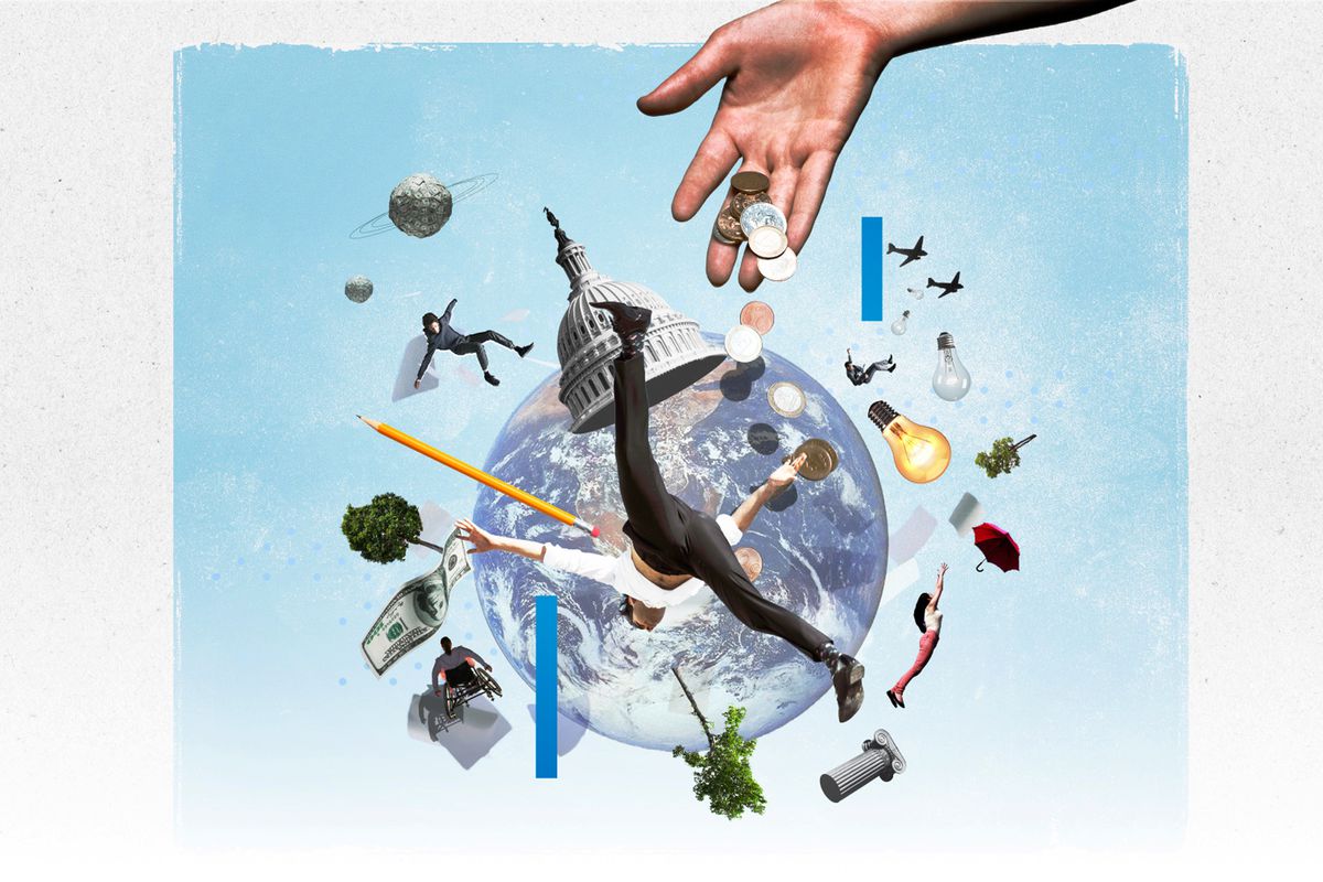An illustration showing people falling around the Earth floating in space along with various forms of money, fragments of US political buildings, and symbols that represent effective altruism (such as light bulbs and pencils). The colors in this composition blue and grey, with little accents of yellow and red. 