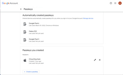 Passkeys page on the Google Account with three automatically created passkeys and one entry under Passkeys you created.
