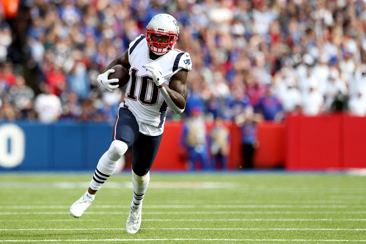 Josh Gordon of the New England Patriots runs after catching the ball during the third quarter of a game against the Buffalo Bills at New Era Field on September 29, 2019 in Orchard Park, New York.