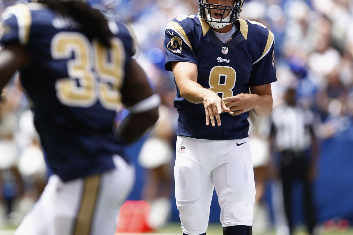 INDIANAPOLIS, IN - AUGUST 12: Sam Bradford #8 is just one piece to the puzzle, for the Rams to have a respectful 2012 season. (Photo by Joe Robbins/Getty Images)