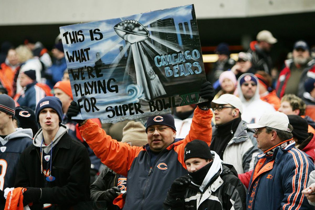 A Chicago Bears fan holds up a sign during their NFC Divisional Playoff game against the Seattle Seahawks at Soldier Field in Chicago, Illinois. (Photo by Jonathan Daniel/Getty Images)
