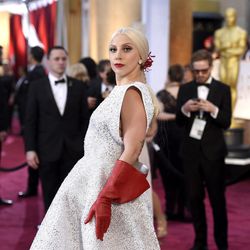 Lady Gaga arrives at the Oscars on Sunday, Feb. 22, 2015, at the Dolby Theatre in Los Angeles. 