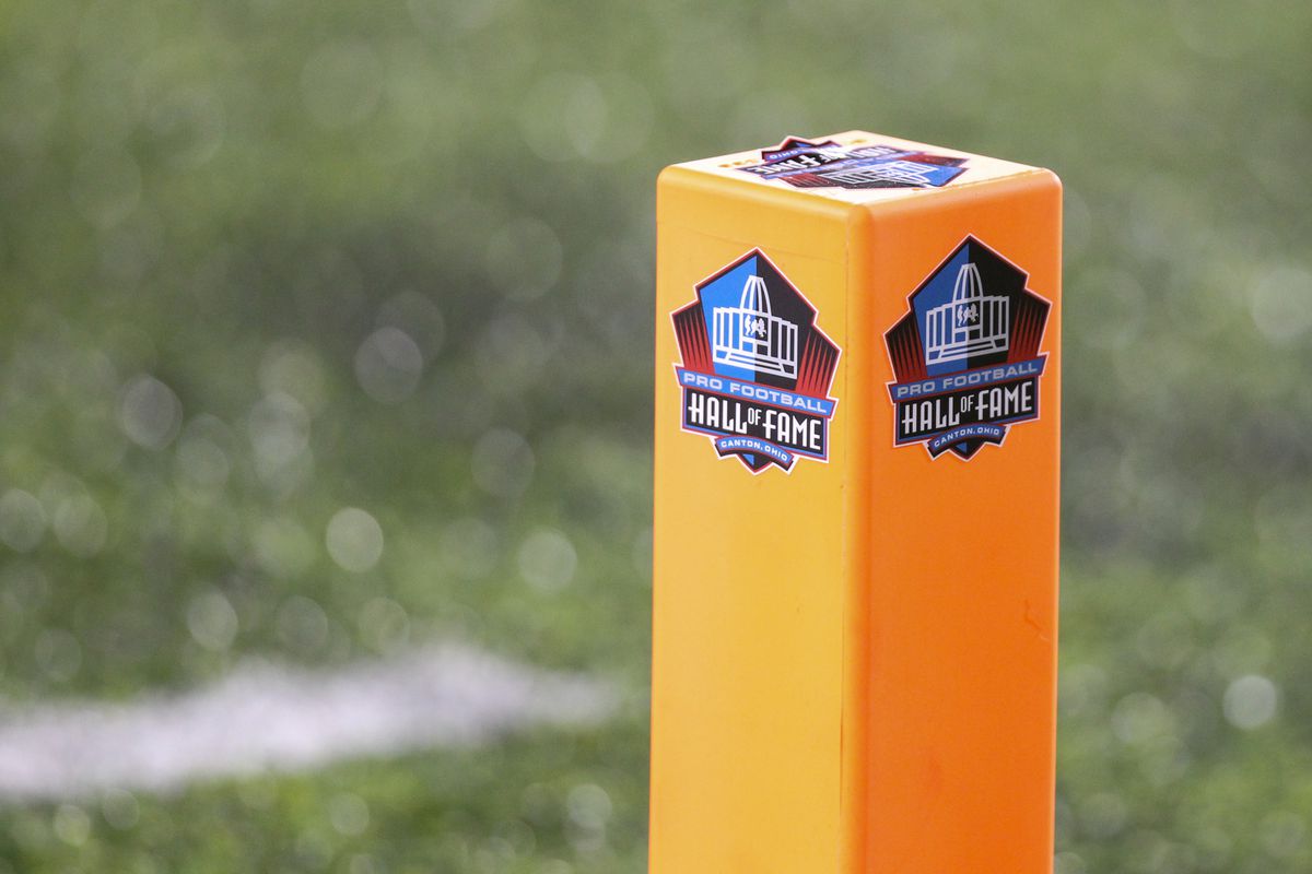 A general view of the end zone marker is seen during the Hall of Fame Game between the Atlanta Falcons and the Denver Broncos played at Tom Benson Hall of Fame Stadium in Canton, Ohio.